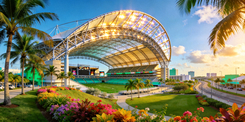 迈阿密硬石体育场独特的顶棚结构和热带风情的外部景观