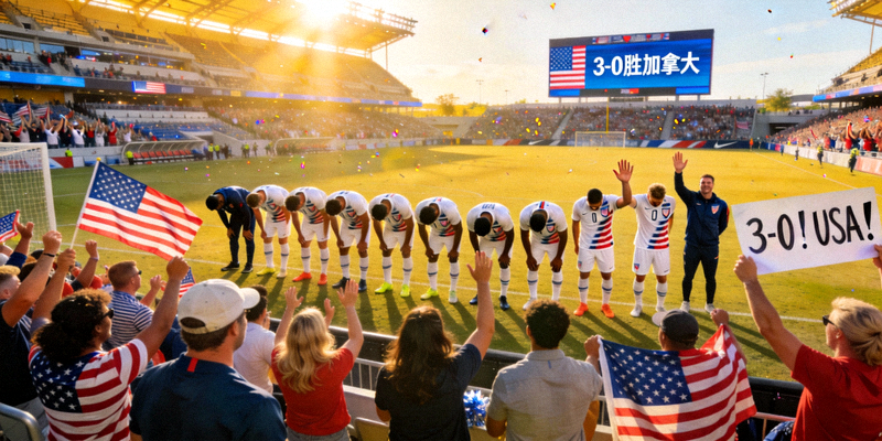 美国队球员在3-0战胜加拿大后向主场球迷致谢，球场内一片欢腾