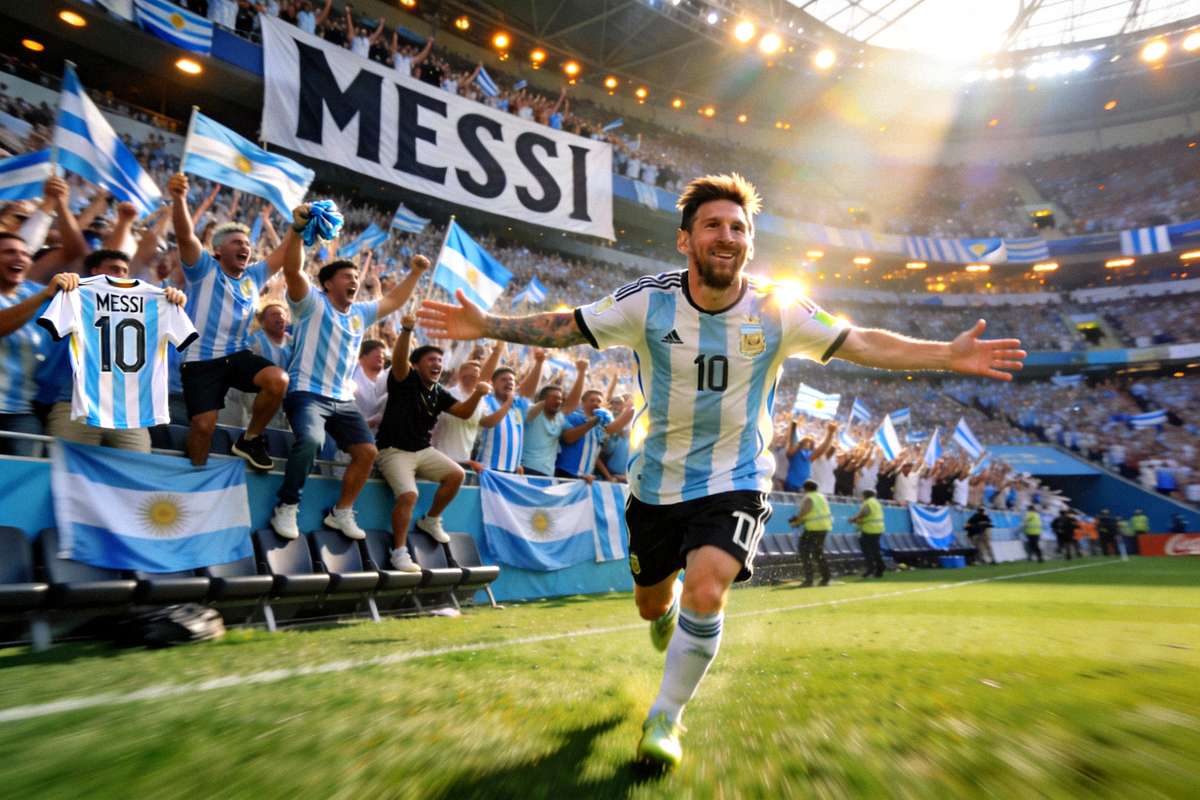 梅西打入第一个世界波进球后，张开双臂奔跑庆祝，背景是欢呼的阿根廷球迷看台