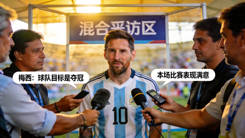 梅西在混合采访区接受媒体采访，谈论本场比赛和球队目标
