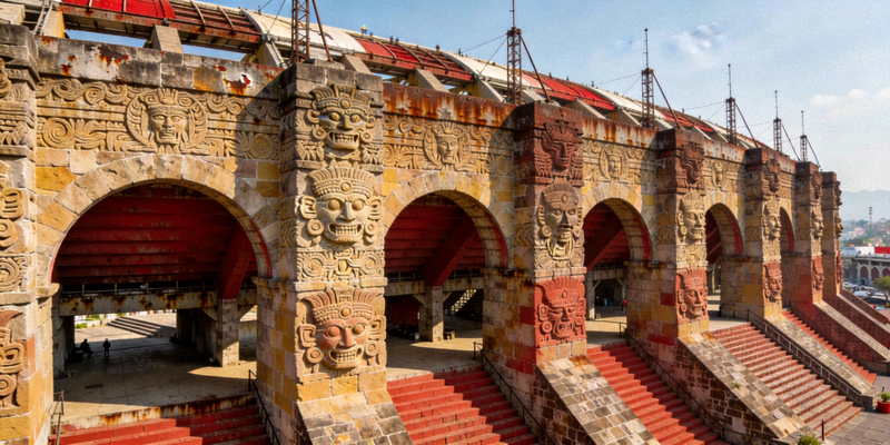 墨西哥城阿兹特克体育场宏伟的外部结构和充满历史感的建筑风格