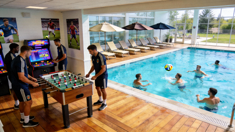 某国家队在位于北美的训练基地进行放松活动，球员在泳池和游戏室休息