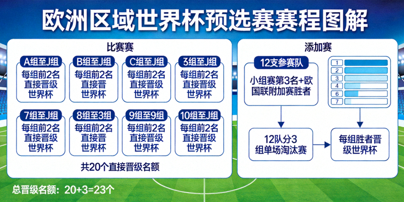 欧洲区域世界杯预选赛赛程图解，显示小组赛和附加赛的晋级路径