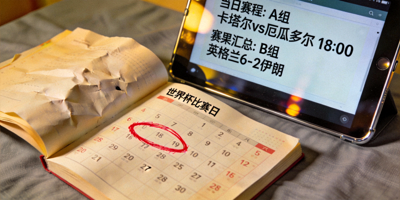 日历上标记着世界杯比赛日，旁边是显示当日赛程与赛果汇总的平板电脑