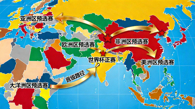 世界地图上，各洲预选赛的晋级路径被高亮显示，竞争激烈