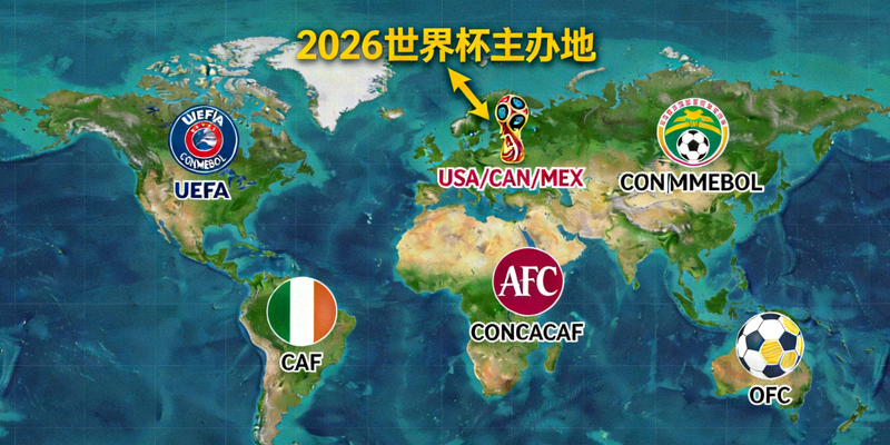 世界地图上标注着各洲足联的徽标，箭头指向2026世界杯主办地北美