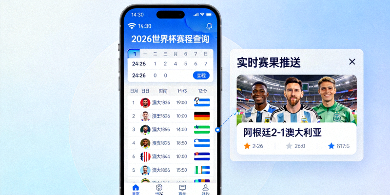 手机屏幕上显示着2026世界杯赛程查询界面和实时赛果推送通知