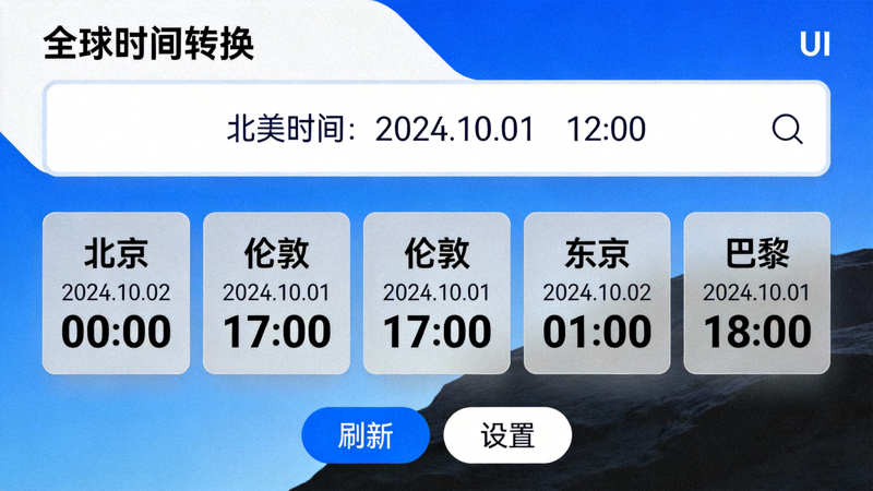 手机应用界面显示将北美时间转换为北京、伦敦等全球主要城市时间