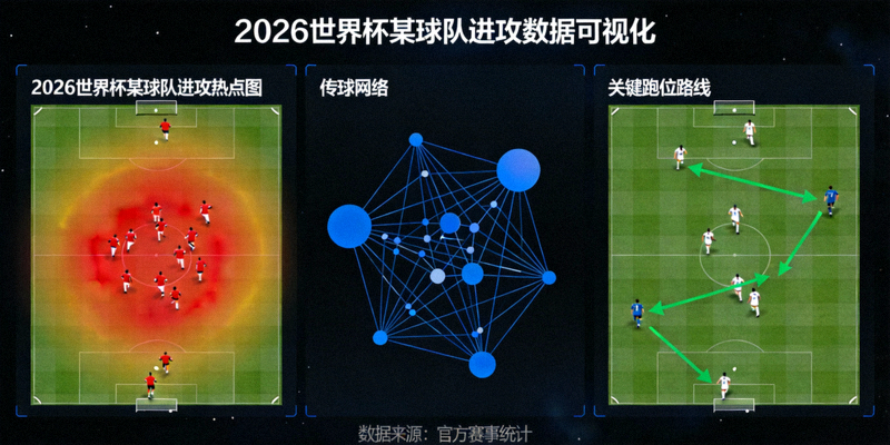 数据分析屏幕展示某支球队在2026世界杯多场比赛中的进攻热点图、传球网络与关键跑位路线