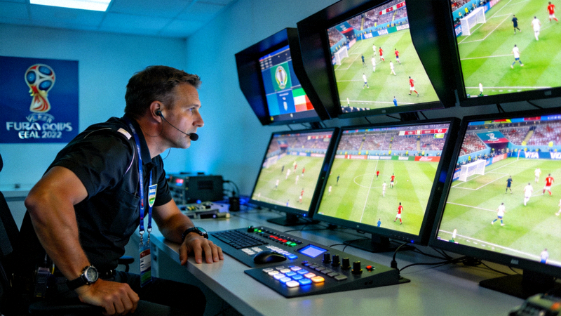 VAR视频助理裁判操作室内，裁判员紧盯着多块屏幕回放比赛瞬间