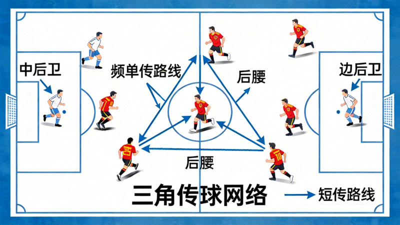 西班牙队在中后场通过频繁短传控制比赛节奏，球员跑位接应形成三角传球网络的示意图