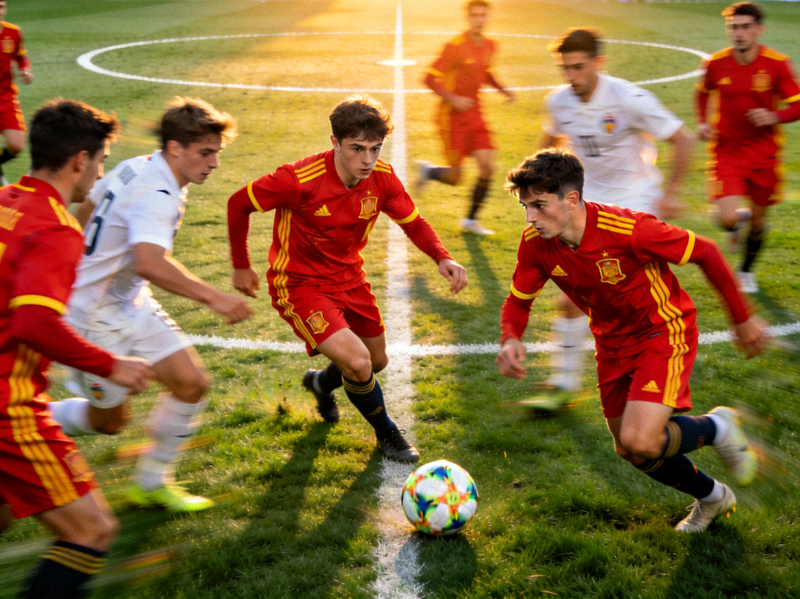 西班牙队在中场进行密集传控，加维、佩德里等年轻中场掌控节奏