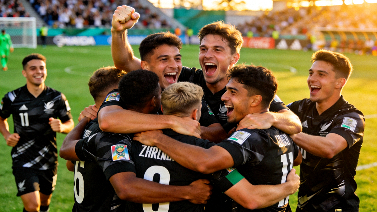 新西兰队球员在点球大战获胜后，激动地拥抱在一起庆祝历史性晋级世界杯八强的瞬间