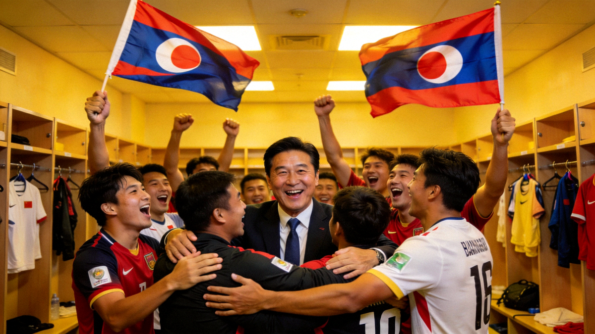 亚洲新军主教练与球员们在更衣室内激动庆祝，高举国旗欢呼