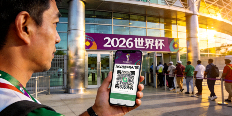 一位球迷正在手机上展示2026世界杯电子门票的二维码，背景是体育场入口