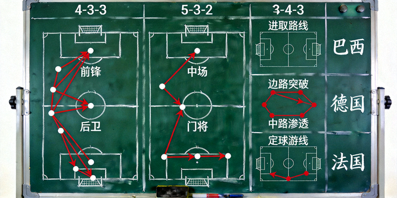 战术分析板上绘制着不同国家队标志性的阵型图和进攻套路示意图
