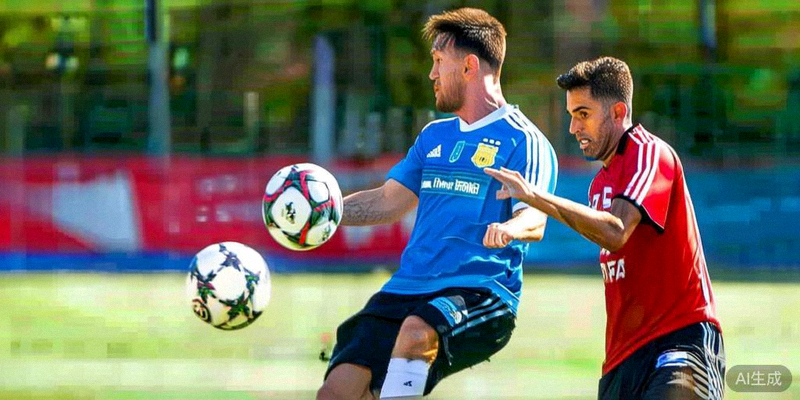 阿根廷队长梅西在训练中与队友劳塔罗进行传球练习，表情专注