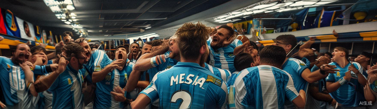 阿根廷国家男子足球队夺得美洲杯后更衣室庆祝，梅西被队友环绕