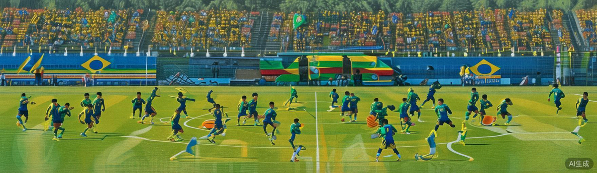 巴西国家男子足球队在训练场上进行战术演练的全景照片