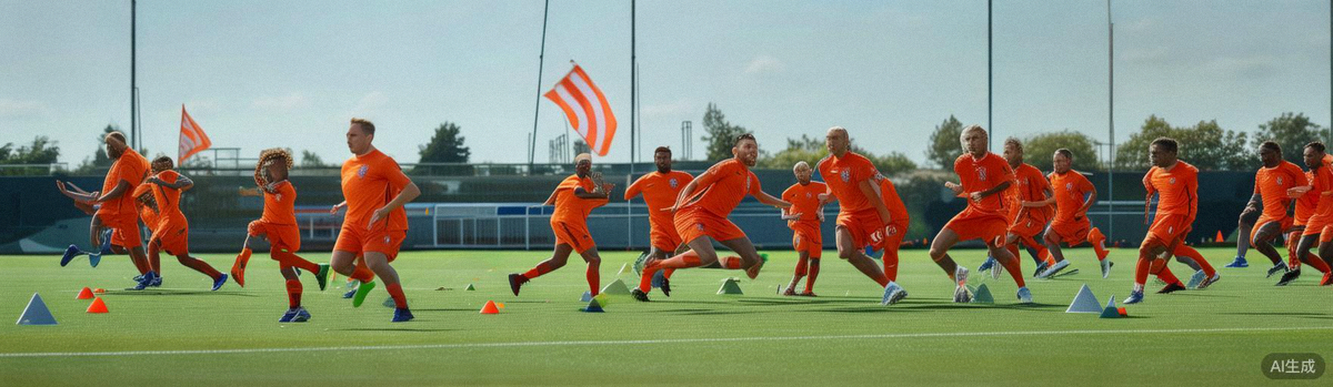 荷兰国家男子足球队进行高强度体能训练和战术跑位练习