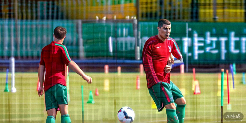 葡萄牙队训练中C罗与年轻前锋拉莫斯、菲利克斯进行进攻配合演练