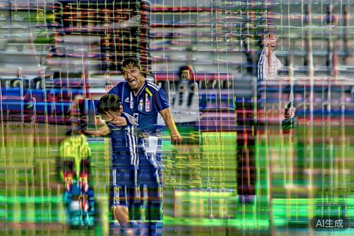 日本队球员堂安律打入第二球后，与队友们激动地拥抱庆祝，背景是沮丧的德国队球员