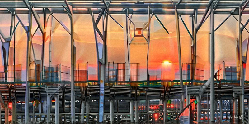 2026世界杯某新建体育场在日落时分的施工现场，钢结构已初具规模