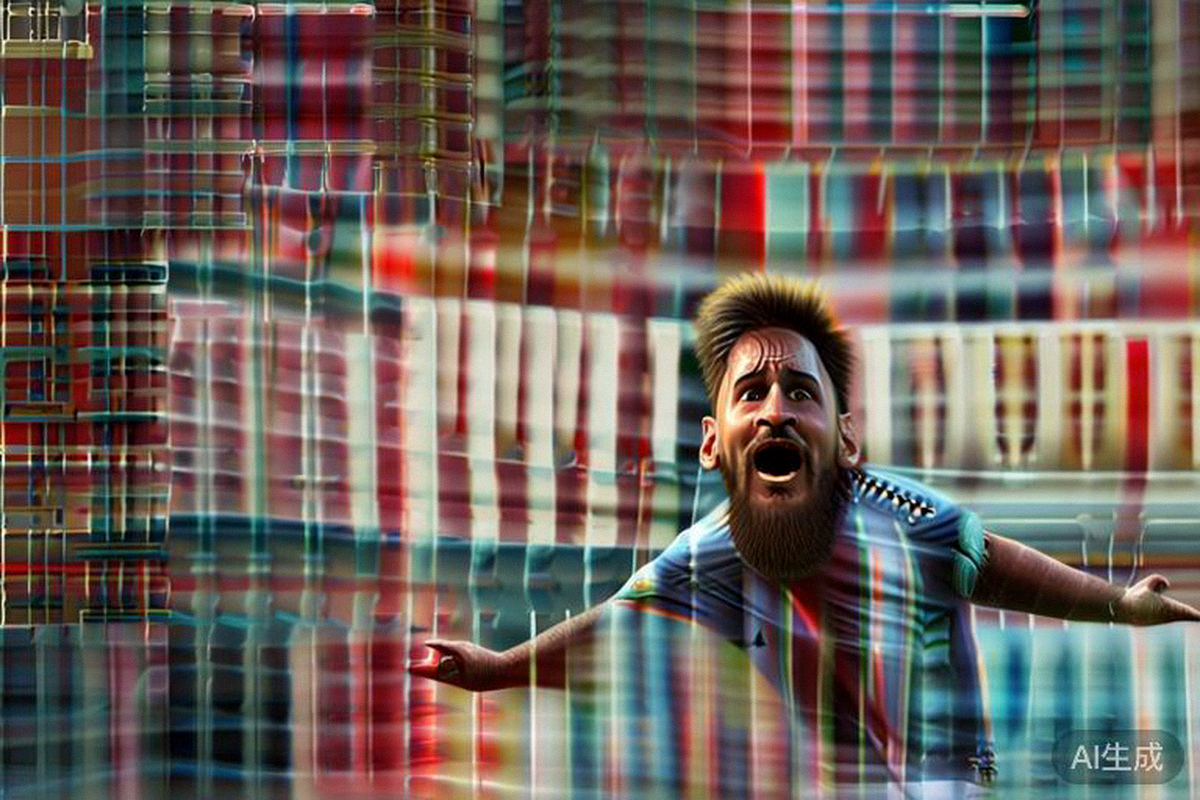 阿根廷球星梅西在打入扳平比分进球后，面向看台张开双臂庆祝的特写镜头