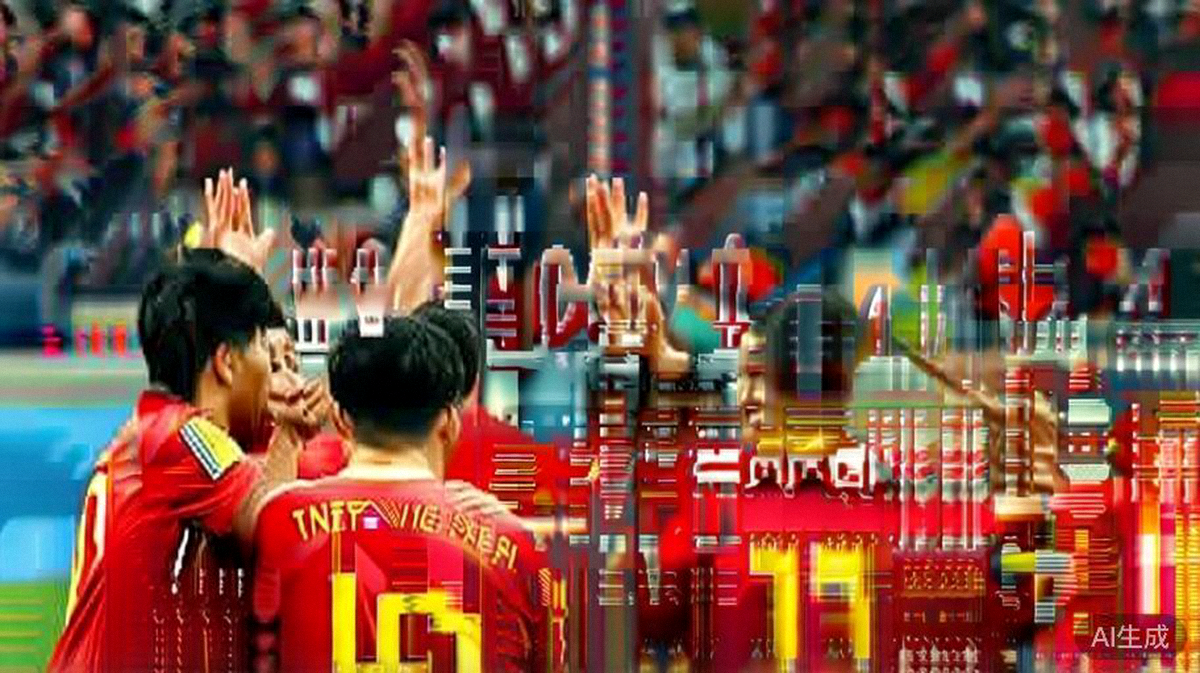 中国国家男子足球队球员在主场战胜韩国队后，围成一圈庆祝胜利的激动瞬间