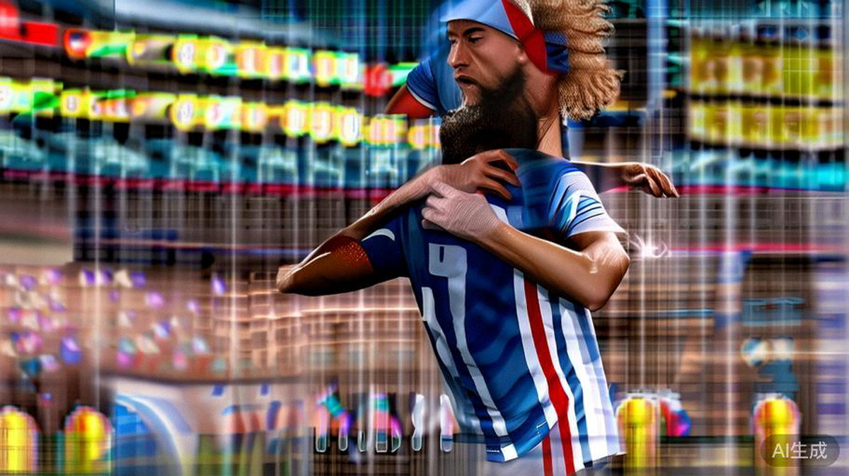 2026世界杯揭幕战美国队球员在进球后激动地拥抱庆祝，背景是坐满观众的体育场