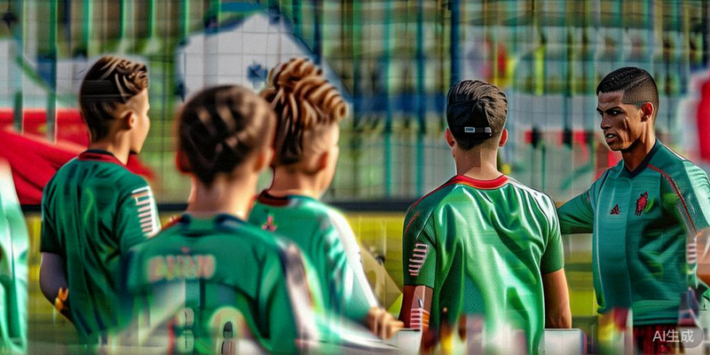 C罗与葡萄牙队年轻球员布鲁诺·费尔南德斯、莱奥等在训练中交流