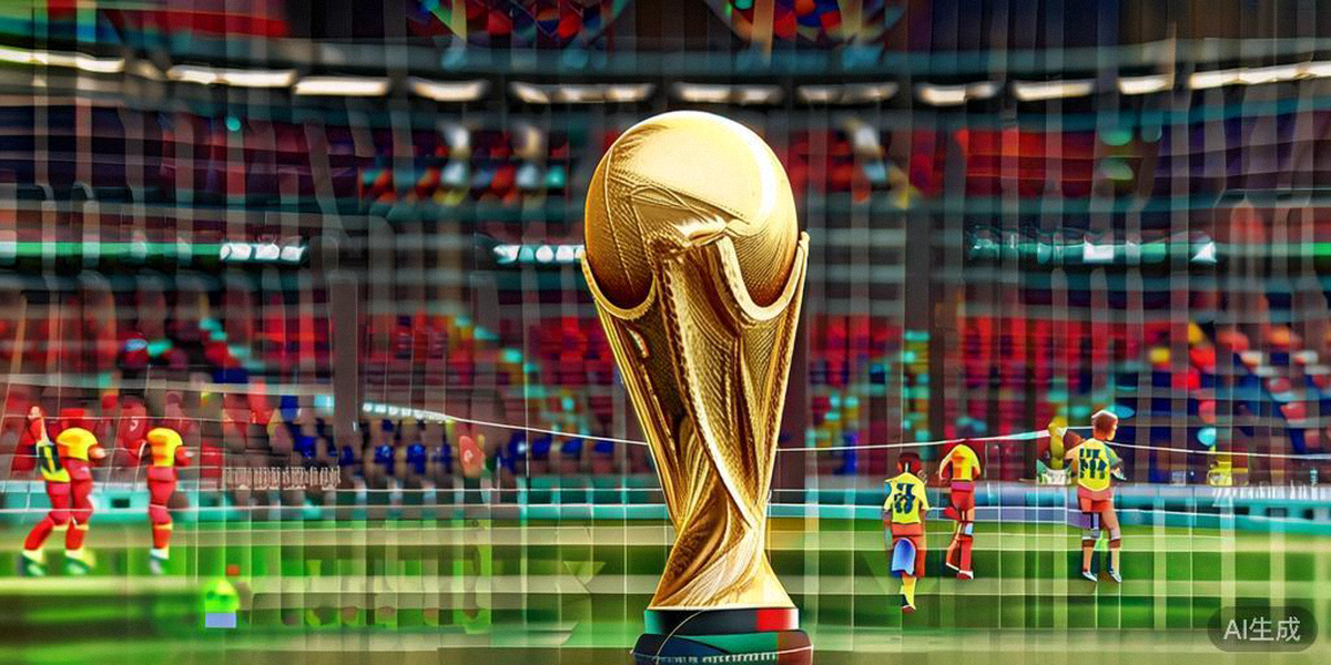 2026世界杯决赛终场哨响，冠军球队球员疯狂庆祝，大力神杯在场地中央闪耀