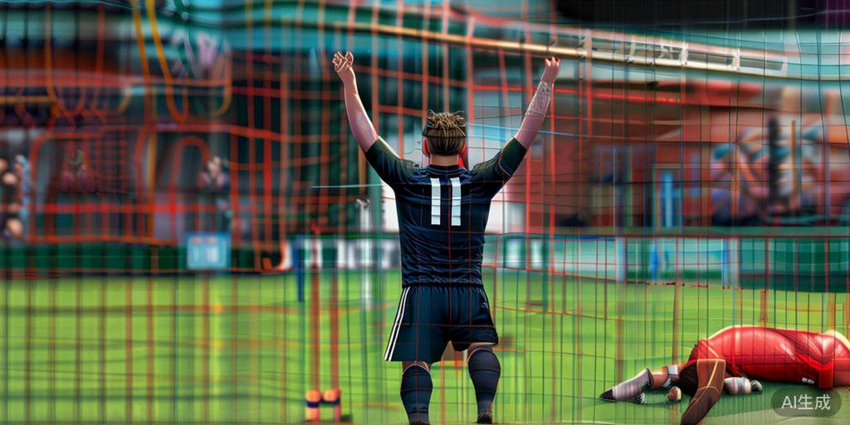 四分之一决赛中，一支球队球员庆祝进球，另一队球员则沮丧跪地