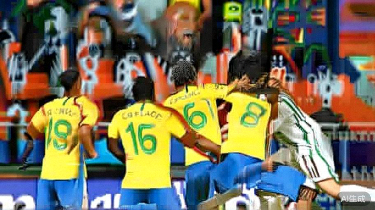 2026世界杯预选赛巴西对阵阿根廷比赛中，巴西队球员进球后拥抱庆祝的激动场面