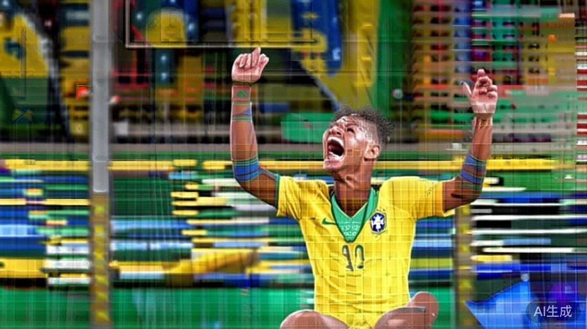 2026世界杯预选赛巴西对阵阿根廷比赛中，巴西队球员庆祝进球的激动瞬间，背景是座无虚席的马拉卡纳球场