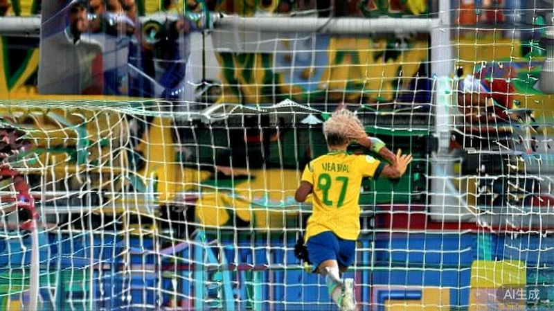 巴西球星内马尔打进反超比分的第二个进球后，张开双臂面向看台庆祝，身后是欢呼的巴西队友