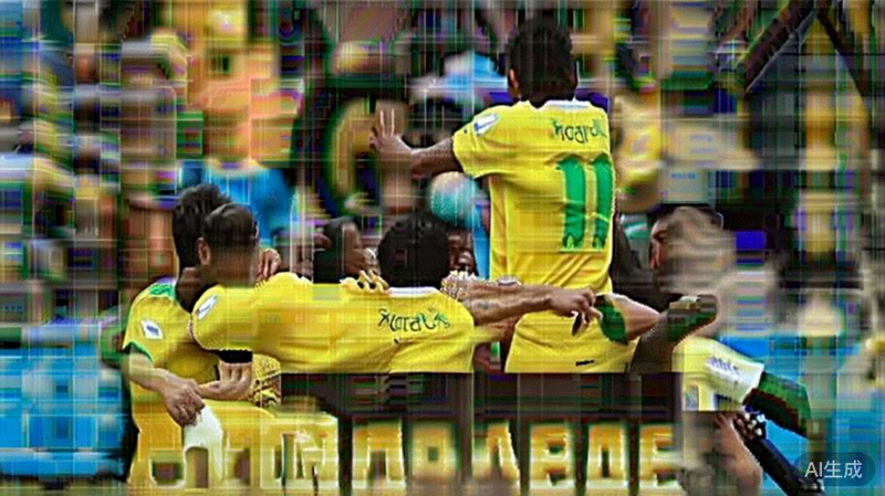 巴西队球员在战胜英格兰队后集体围拢庆祝胜利，内马尔被队友们举起