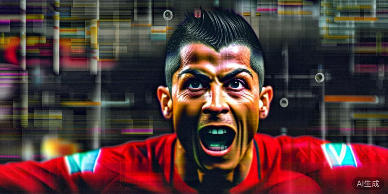 葡萄牙对阵西班牙的伊比利亚德比中，C罗进球后标志性庆祝动作的特写镜头