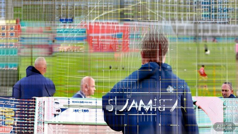 英格兰队教练组在战术板前分析对手，背景是球队训练场