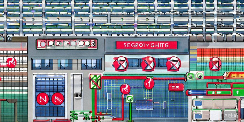 观众在体育场内安全观赛示意图，包含安检入口、紧急出口和注意事项图标