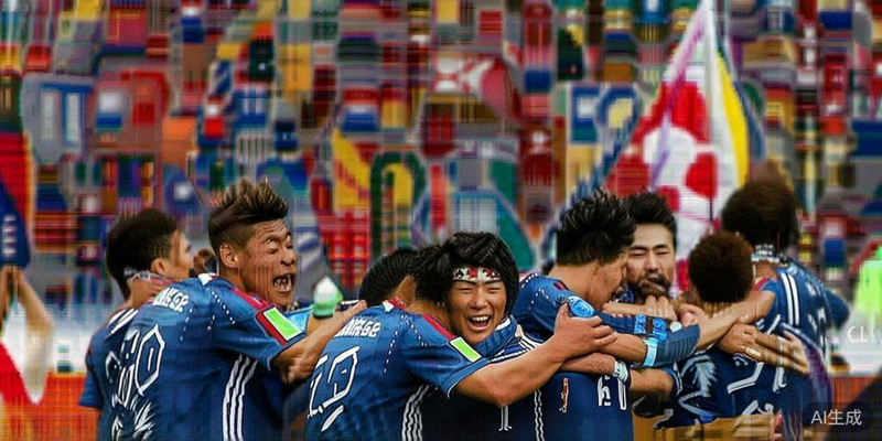 日本队球员庆祝战胜西班牙队后，全队围在一起欢呼的激动场面