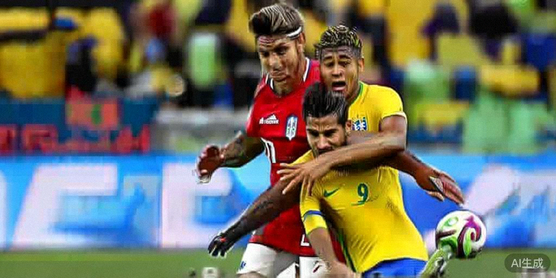 2026世界杯小组赛巴西对阵阿根廷的经典南美德比战中，球员激烈拼抢的瞬间