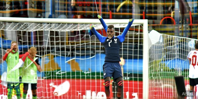 法国队球员庆祝进球，背景是德国队球员沮丧的表情，法国3-0完胜德国