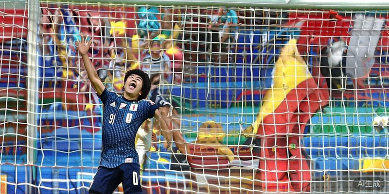 日本队球员庆祝战胜西班牙队，创造了本届世界杯第一个大冷门
