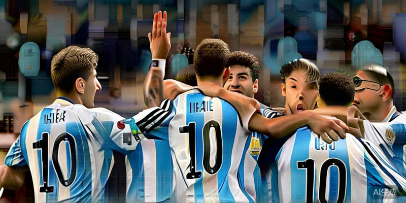 阿根廷国家男子足球队球员围在一起庆祝，展示团队凝聚力