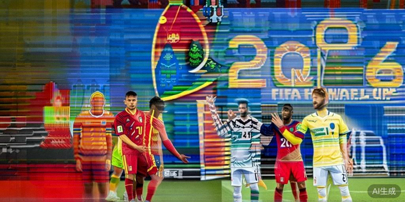 西班牙与意大利比赛后，双方球员互相致意，背景是巨大的2026世界杯赛事标识