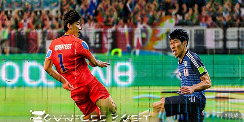 亚洲区预选赛一场关键战役中，日本队与韩国队球员激烈对抗的瞬间