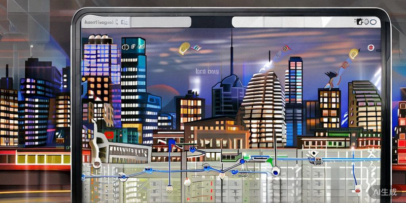 北美城市天际线背景下，显示酒店预订网站和城市地铁、公交线路图的平板电脑