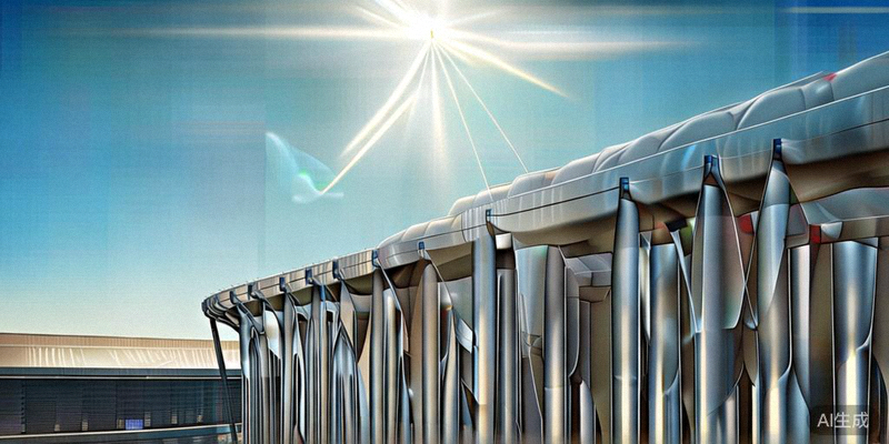 美国纽约大都会体育场外部全景，巨大的椭圆形钢结构在阳光下闪耀，可容纳82500人