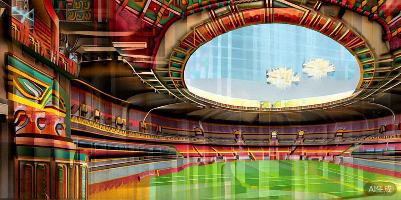 墨西哥阿兹特克体育场宏伟的内部景观，巨大的看台环绕着绿色草皮，充满历史感